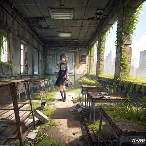Concept art of a post-apocalyptic world with ruins, overgrown plants, flat chest，((the only girl who survived))，The content is v...