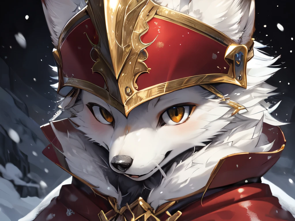  1 person, Retrato de hombre lobo 8k, zorro ártico, El pelaje del Ártico es tan blanco como la nieve.，paladín，casco，capa roja, complejo, Muy detallado, número, Liso, Enfoque claro, ilustración, ((obra maestra))，Yoshitaka Amano