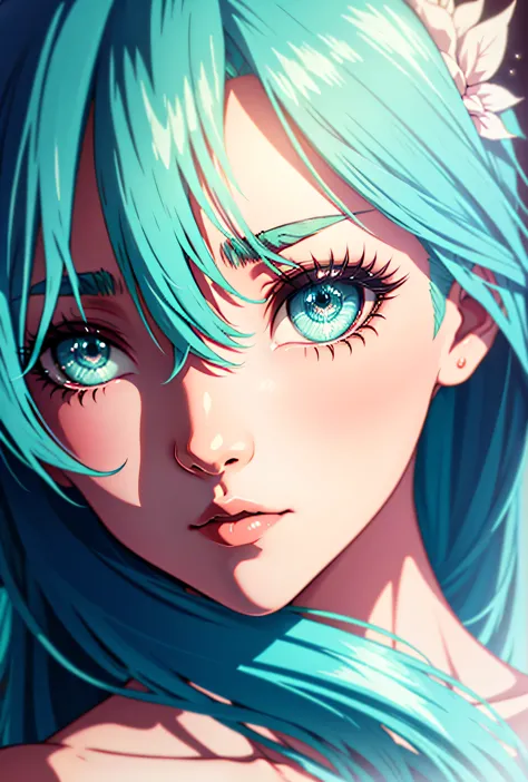 mint hair, long hair, hair strand, pupils sparkling, (((mint eyelashes))), anime style, anime eyes, close up, sparkle, uhd, 8k, ...