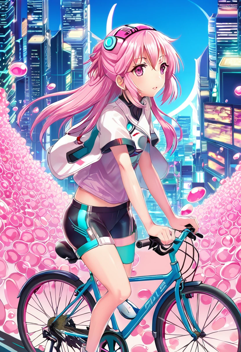 linda chica anime anda en bicicleta, en pantalones cortos para correr, shorts cortos, ciudad futurista, cubierto con células biológicas rosadas
