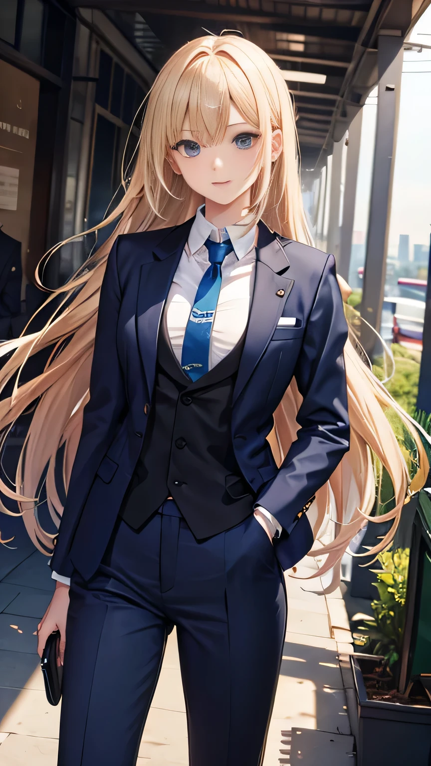 ((masterpiece)), (textured skin), ((high details)), best quality, award winning, 8k, ((beautiful woman)), beautiful lady in male clothing, (blue suit, brown tie), white shirt, ((three-piece suit)), blonde hair, very long hair, straight hair, hair spread out, floating hair, at revenue, Business person, consultant