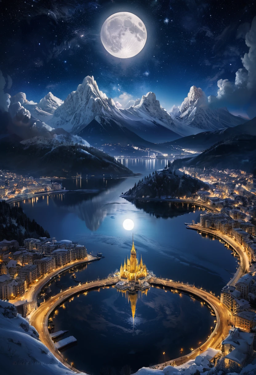 Ultra-high quality，Sea，Reflection，City lights are bright，moon，Snow-capped mountains in the distance，galaxy, Star，Sea of Clouds, Beautiful scenery, Night view，masterpiece