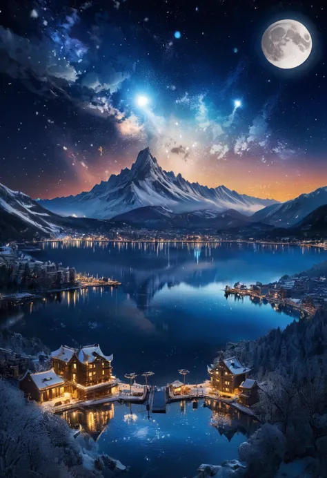 Ultra-high quality，Sea，Reflection，City lights are bright，moon，Snow-capped mountains in the distance，galaxy, Star，Sea of Clouds, ...