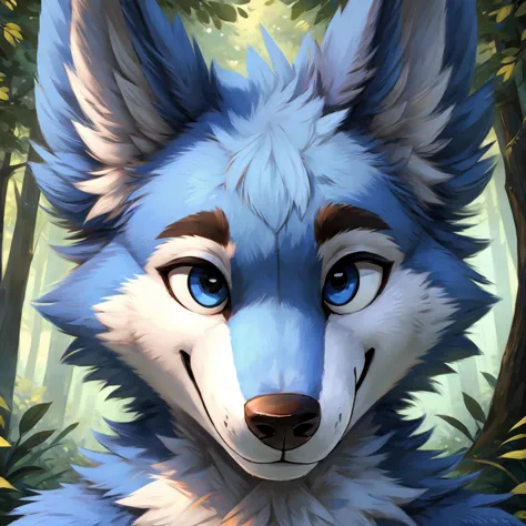 a anthropomorphic blue colored fur wolf, closed smile, headshot, high quality furry art, cute, forest background.