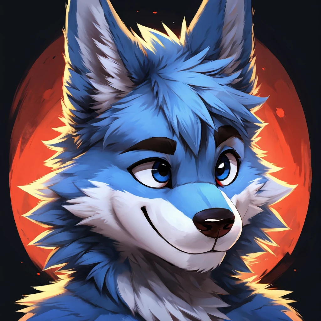 a cute and anthropomorphic blue colored fur wolf, closed smile, he has one eye with red and the other is blue, headshot, high quality furry art.