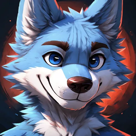 a cute and anthropomorphic blue colored fur wolf, closed smile, he has one eye with red and the other is blue, headshot, high qu...