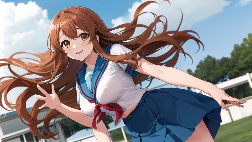 Main 1, One girl, asahina mikuru, Long Hair, high income , alone, blue Sailor collar, Sailor collar, Seraphim, blue skirt, skirt, Short sleeve, Red ribbon, Large Breasts, Cowboy Shot, wave hands, Outdoor, Leaning forward,