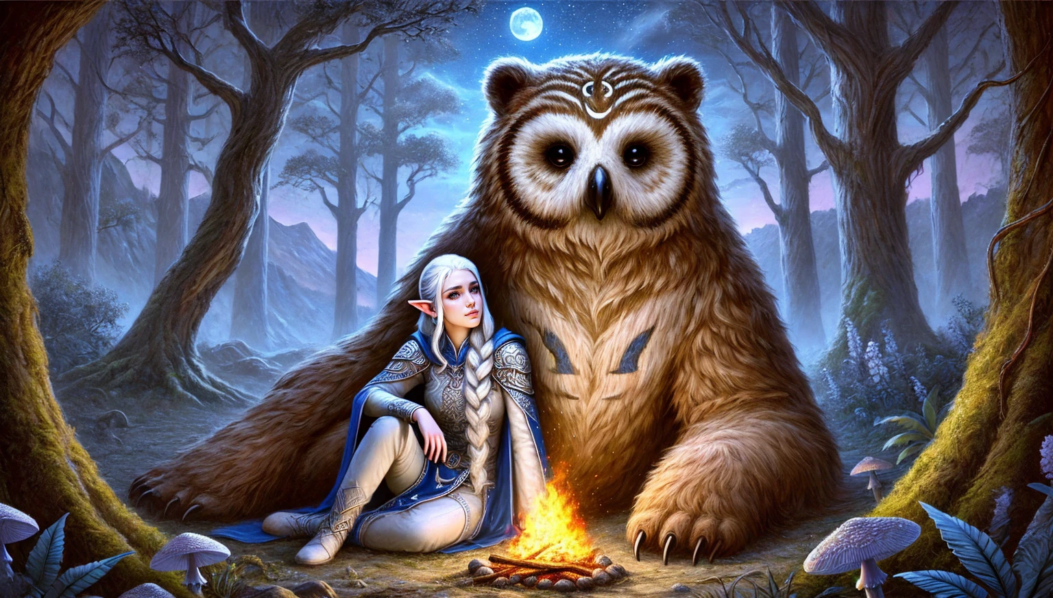 ((ultra detailed, masterpiece, absurdres))
 BGShadowH, 1girl, white hair, braid, tiara, hair ornament, the story of the brave Owlbear Cub from the ballad. The scene shows the hybrid of owl and bear, with an owl's face and feathers mixed with fur on a bear's body, lying down beside a campfire in a position similar to a dog. The Owlbear is brown with a white belly. Shadowheart, an elven young woman with white hair in a high braided ponytail and side bangs, is leaning against the Owlbear. Shadowheart is dressed in white armor adorned with moon patterns, fitting her role as a cleric of Selune. The background includes a misty, twilight-lit landscape, capturing the essence of their adventures and bond. The forest is dense with ancient trees, and the sky is a mix of deep blues and purples, adding to the enchanted and heroic mood of the illustration