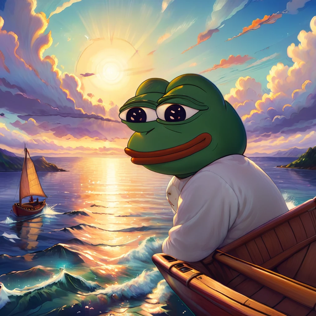 pepe the frog, sailing, cartoon style, whimsical, vibrant colors, cute, humorous, peaceful, serene ocean, sunset sky, clouds, wooden boat, water reflection, detailed textures, cinematic lighting, digital painting