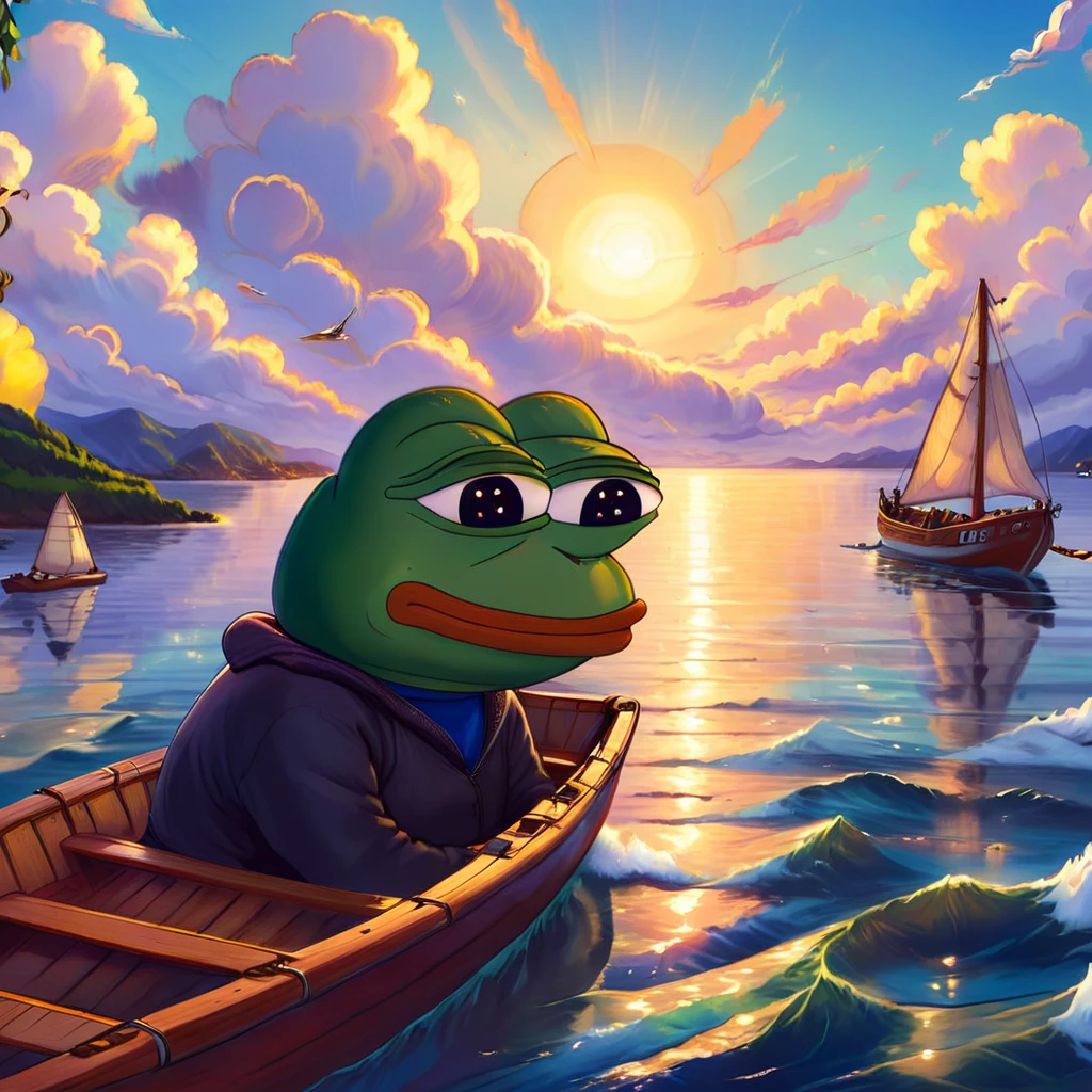 pepe the frog, sailing, cartoon style, whimsical, vibrant colors, cute, humorous, peaceful, serene ocean, sunset sky, clouds, wooden boat, water reflection, detailed textures, cinematic lighting, digital painting