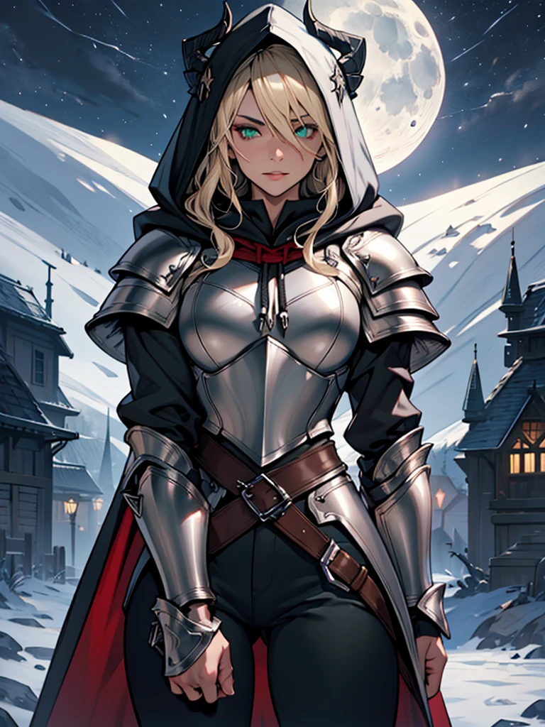 (super detailed:1.3),((best quality:1.2)),((masterpiece:1.2)),female focus, beauty, highly detailed face, highly detailed eyes, highly detailed lips,((platinum blonde hair)),long hair, red robes with a hood, gauntlets,pauldrons,gorget,green eyes, caucasian skin,serious expression,((older woman)),((((wearing hood:1.1)))),(silver armor),paladin,black pants,cowboy shot,(nighttime:1.6),moon