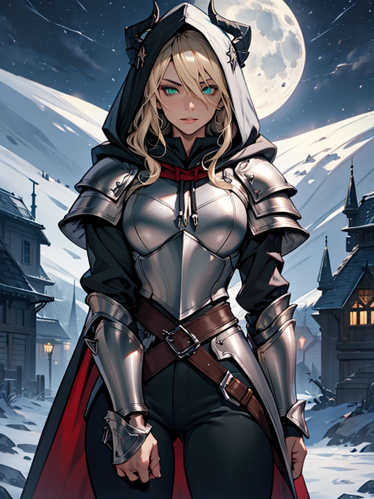 (super detailed:1.3),((best quality:1.2)),((masterpiece:1.2)),female focus,lonely beauty, highly detailed face, highly detailed eyes, highly detailed lips,((platinum blonde hair)),long hair, red robes with a hood, gauntlets,pauldrons,gorget,green eyes, caucasian skin,serious expression,((older woman)),((((wearing hood:1.1)))),(silver armor),paladin,black pants,cowboy shot,(nighttime:1.6),moon