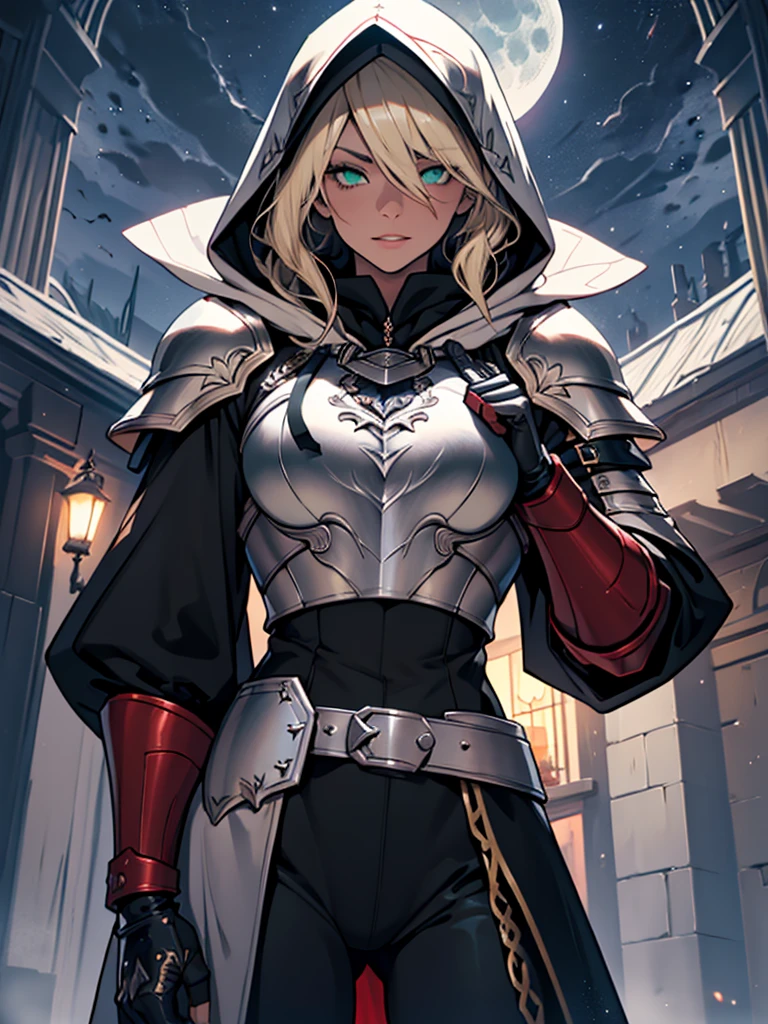 (super detailed:1.3),((best quality:1.2)),((masterpiece:1.2)),female focus, beauty, highly detailed face, highly detailed eyes, highly detailed lips,((platinum blonde hair)),long hair, red robes with a hood, gauntlets,pauldrons,gorget,green eyes, caucasian skin,serious expression,((older woman)),((((wearing hood:1.1)))),(silver armor),paladin,black pants,cowboy shot,(nighttime:1.6),moon