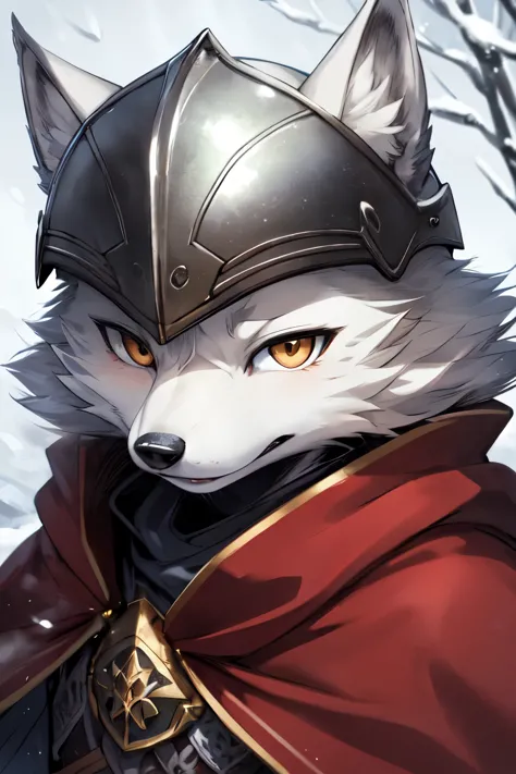 Yoshitaka Amano，1 person, 8k Werewolf Portrait, Arctic fox, Arctic fur is as white as snow，knight，helmet，Red Cape, complex, Very...