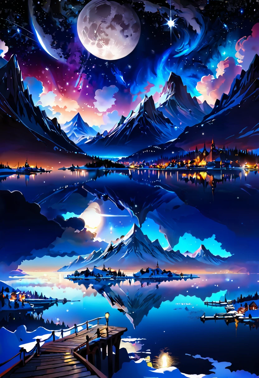 Ultra-high quality，Sea，Reflection，City lights are bright，moon，Snow-capped mountains in the distance，galaxy, Star，Sea of Clouds, Beautiful scenery, Night view，masterpiece