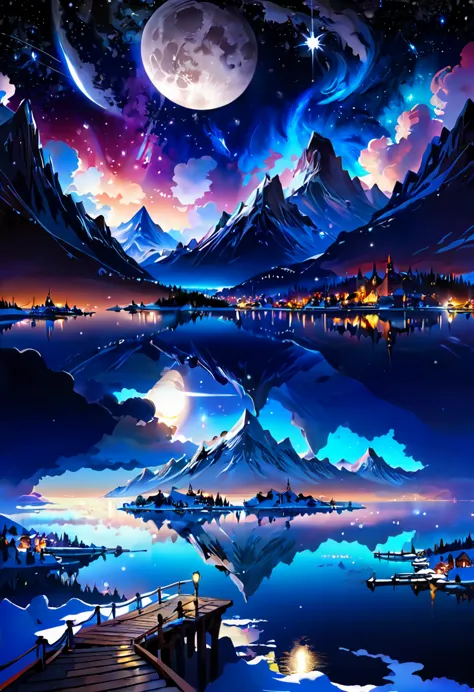 ultra-high quality，sea，reflection，city lights are bright，moon，snow-capped mountains in the distance，galaxy, star，sea of clouds, ...