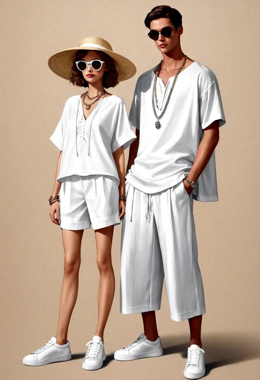 candid fashion illustration of young man and woman, both aged 20 year old, ((showcase fashion in a White cotton-rayon outfits)),...