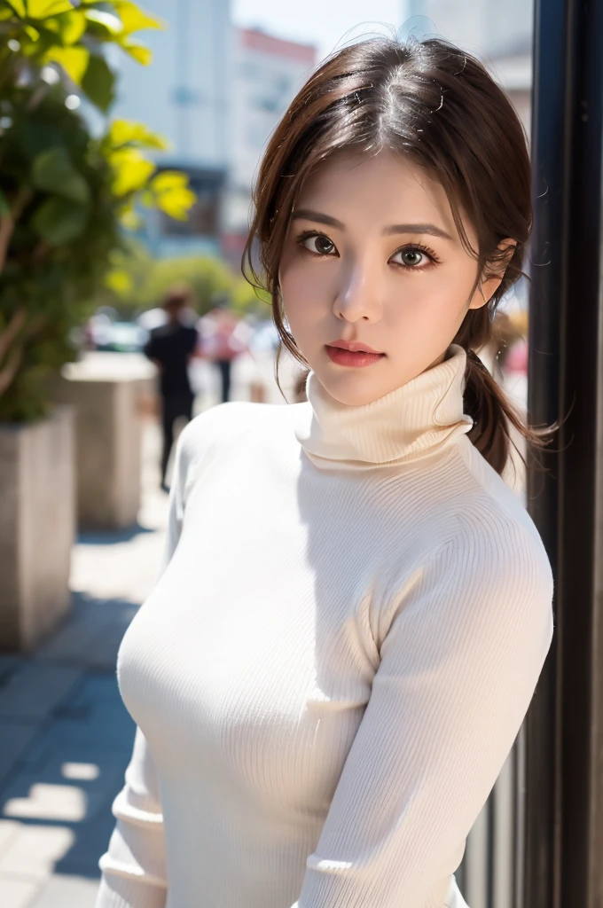 ulzzang-6500-v1.1, (RAW Photos:1.2), (Photorealistic), (masterpiece:1.5)、(Realistic:1.5)、(Highest quality:1.4、8k、RAW Photos）、 Ultra-high resolution、Professional Lighting、Perfect dynamic composition、Outdoor Shot、 Film Grain、chromatic aberration、(bokeh:1.1)、 Frank、Sophisticated、charm、surreal、High detail、Golden Ratio、 (1 Girl)、Slender girl、Delicate and charming girl、Cute Woman:1.4、 Serious expression、Looking at the audience、Various poses、 Light brown hair、Shiny Hair、Hairstyle: ponytail、 Realistic looking skin、 shut up.、Beautiful Eyes、double eyelid、Thin arms、、 (Wearing a white ribbed turtleneck sweater dress:1.3)、RAW Photos, sharp, Nikon D850 film stock photo by Lee Jefferies 4 Kodak Portra 400 camera F1.6 Lenses、Rich colors、Ultra-realistic and lifelike textures、Dramatic lighting、Unreal Engine、Art Station Trends、Cinestar 800,
