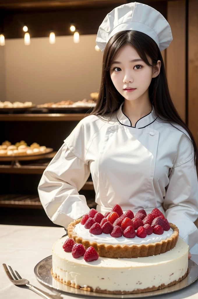 Pastry Chef、Long sleeve、(Highest quality)、((Very detailed))、4K、(8K)、masterpiece、Very detailedな、Highest quality、Super Resolution、1 person、Kind Face、Soft Light、RAW quality、Soft Skin、163cm、Cake Shop、Fruit Tart Cake