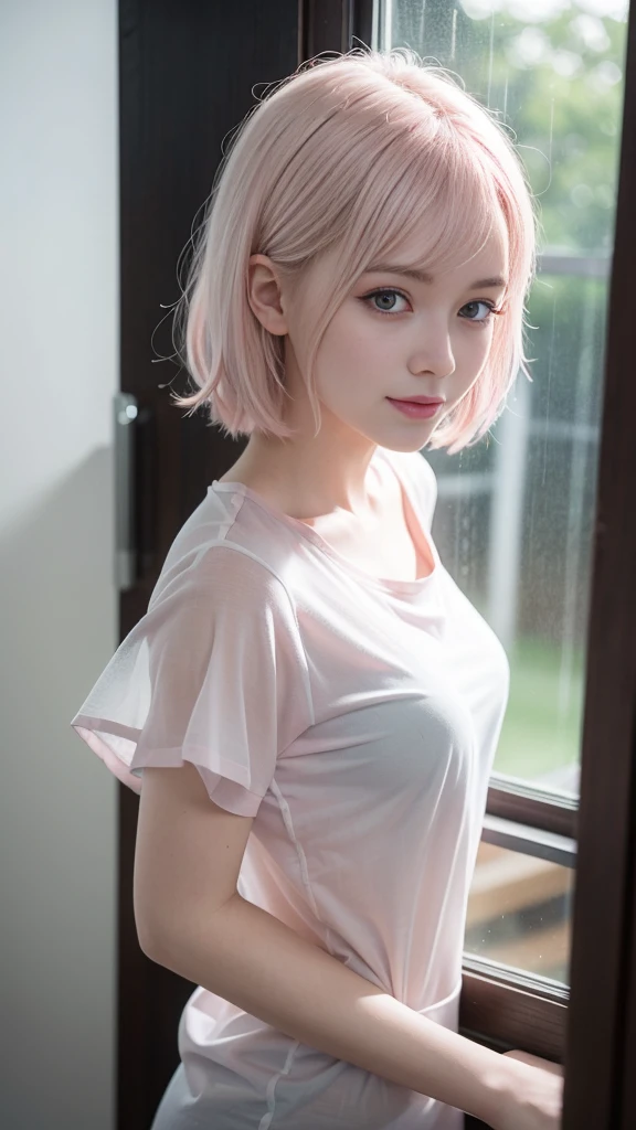 (masterpiece), (best quality), Ultra-high resolution, Raw photo, A photo-realistic, ((Looking outside by the window on a rainy day)), super cute woman, 1girl, (perfect face:1.2), (beautiful face:1.2), (((pale pink hair))), long hair, (upper body:1.3), light smile, (looking out the window:1.4), pose, sheer shirt, indoors, morning time, intricate, depth of field, cinematic lighting,