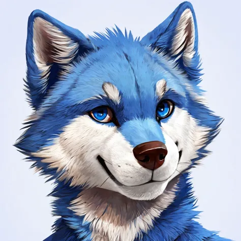 headshot of a cute and anthropomorphic blue colored fur wolf, closed smile, he has red and blue eyes, headshot, high quality fur...