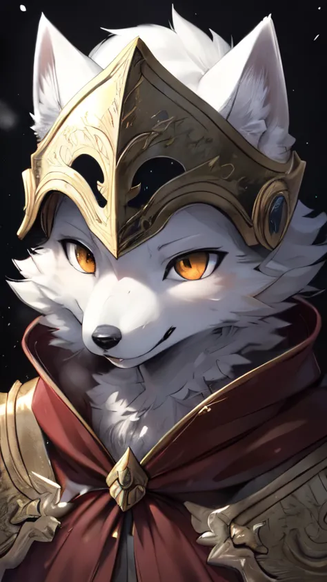 yoshitaka amano，1 person, 8k werewolf portrait, arctic fox, arctic fur is as white as snow，paladin，helmet，red cape, complex, ver...