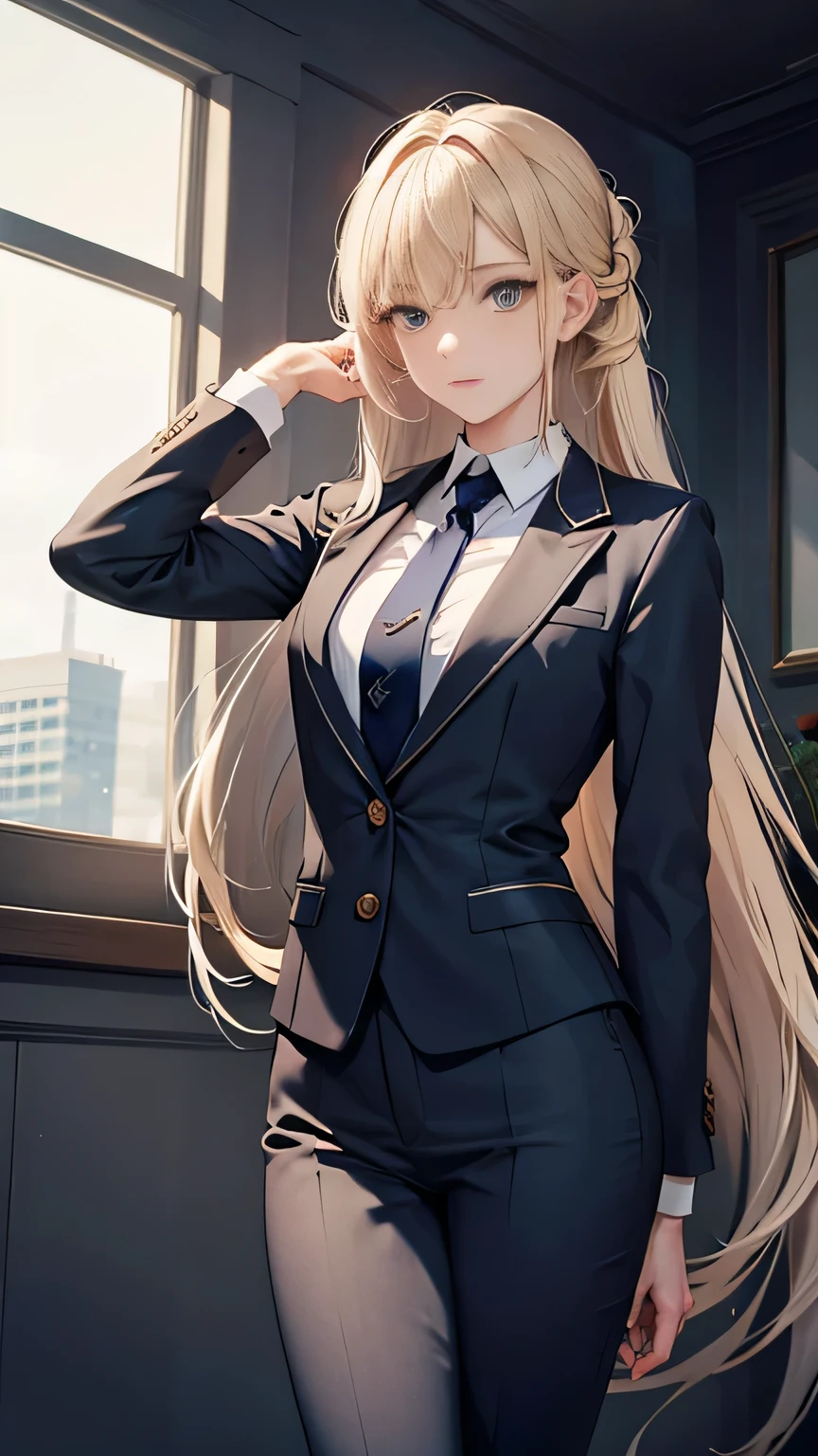 ((masterpiece)), (textured skin), ((high details)), best quality, award winning, 8k, ((beautiful woman)), beautiful lady in male clothing, (gray suit, navy tie), white shirt, ((three-piece suit)), blonde hair, very long hair, straight hair, hair spread out, floating hair, at revenue, Business person, consultant, ((Brush her hair up))