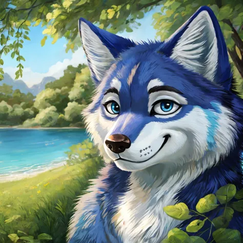 a cute and anthropomorphic blue colored fur wolf, closed smile, high quality furry art, cute nature background.