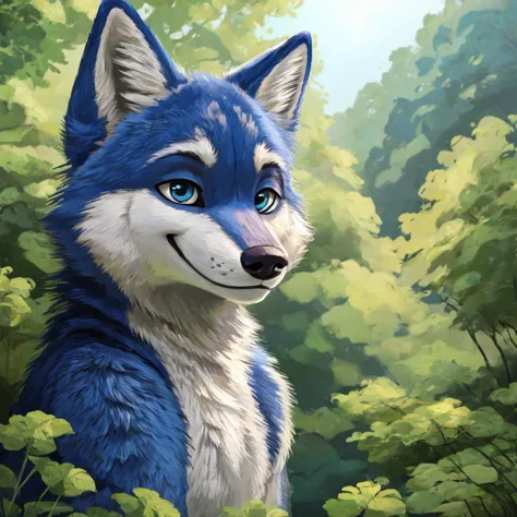 a cute and anthropomorphic blue colored fur wolf, closed smile, high quality furry art, cute nature background.