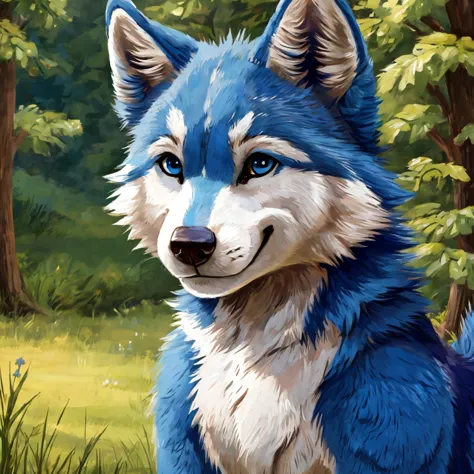 a cute and anthropomorphic blue colored fur wolf, closed smile, high quality furry art, cute nature background.