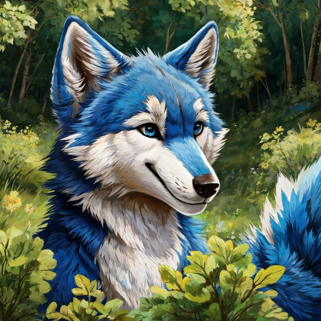 a cute and anthropomorphic blue colored fur wolf, closed smile, high quality furry art, cute nature background.