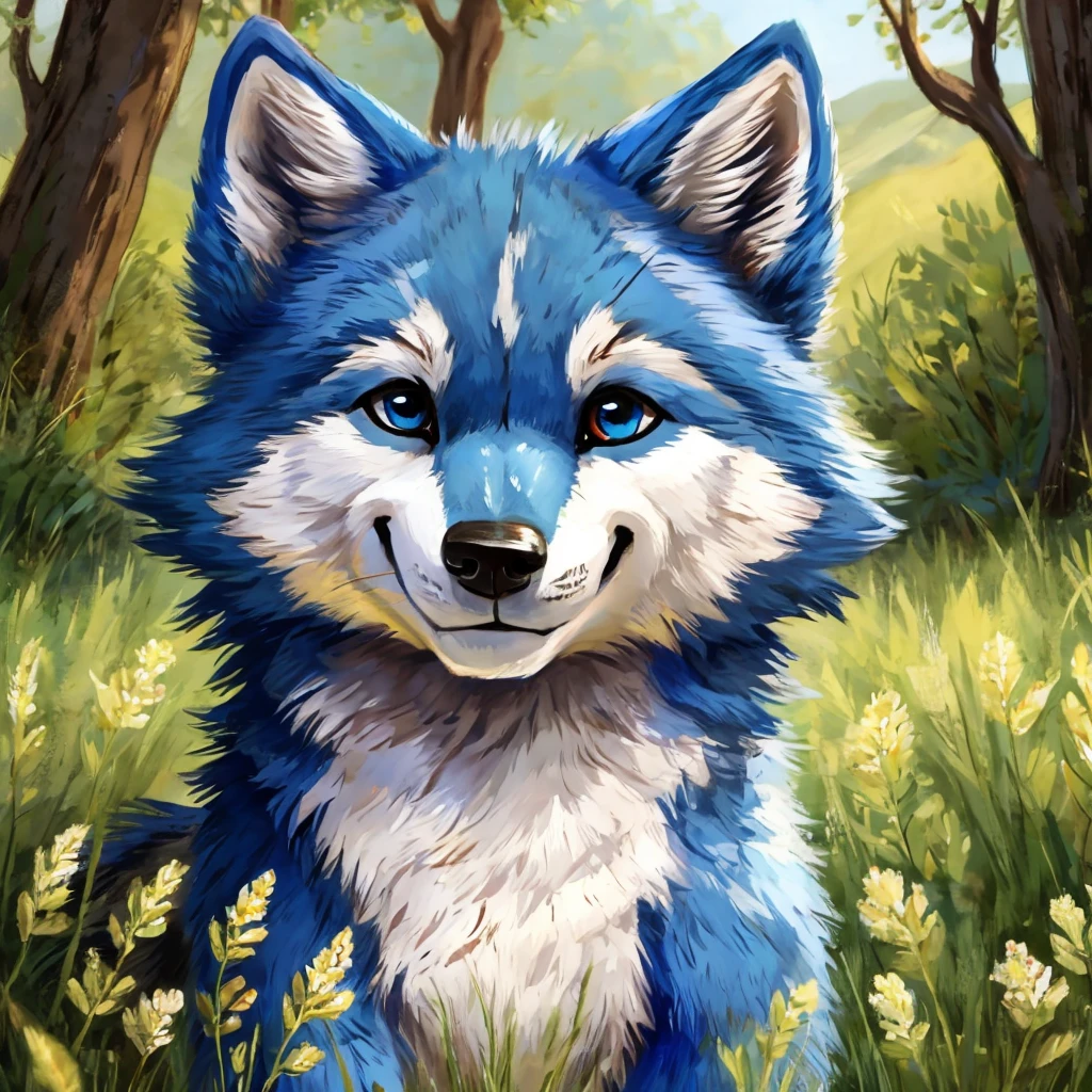 a cute and anthropomorphic blue colored fur wolf, closed smile, high quality furry art, cute nature background.