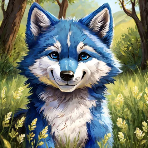 a cute and anthropomorphic blue colored fur wolf, closed smile, high quality furry art, cute nature background.