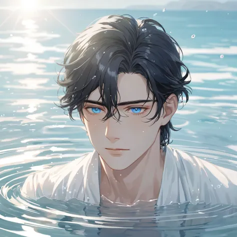 anime-style male character in water, (long black hair:1.2), (gentle expression:1.1), blue eyes, white noble outfit, (rippling wa...