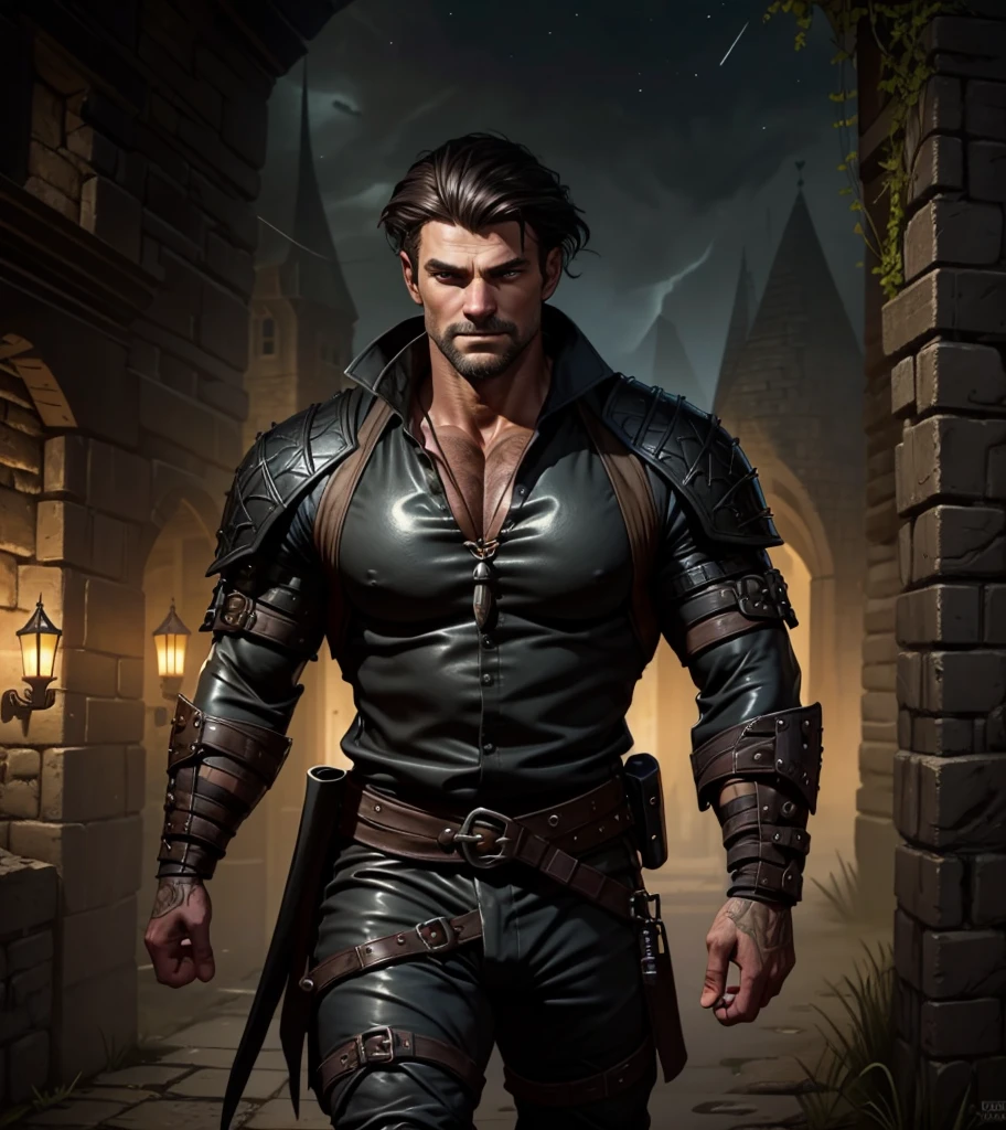 (((Appears to be 20 years old with youthful looks.))) (((Dark and sinister background at night.))) (((Solo character image.))) (((Generate a single character image.))) Dark fantasy art, (((Dark, night time background.))) (((Strong elements of dark medieval fantasy.))) (((Handsome rugged male.))) Night background. Dark. Eerie. Dark fantasy art, long blond hair, Scoundrel. Vagabond. Miscreant. Knave. This is an urban explorer in a dark fantasy realm. Looks mysterious, wearing a black shirt, black pants and black boots. Looks like a sneaky rogue in medieval fantasy urban setting. Looks like a shady rogue in a medieval fantasy setting. Looks like a medieval fantasy male character. Looks like a male rogue for Dungeons & Dragons in a medieval fantasy setting. Wears lots of black clothing. Looks like a handsome criminal for a medieval fantasy setting. Looks shifty. Looks suspicious. Looks untrustworthy. wearing black leather medieval clothing, sneaky, rogue, muscular, bodybuilder, gorgeous face, fantasy artwork, fantasy attire, fantasy adventurer, masterpiece:1.3,madly detailed photo:1.2, hyper-realistic lifelike texture:1.4, picture-perfect:1.0,8k, HQ,best quality:1.0, (masterpiece,fantasy,art, best quality, unreal engine, 8k, ultra HD, centered image, absurdres