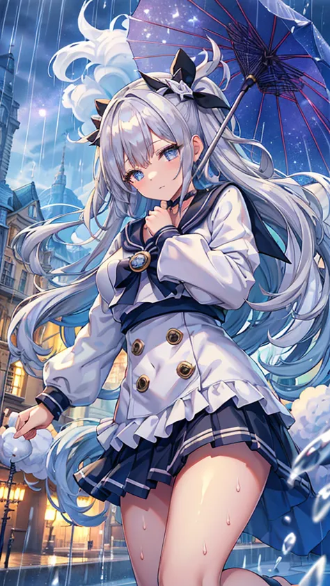 Masterpiece、Highest quality、Super detailed、Fluffy and soft long hair、Gray Hair、Diamond Eyes、Big Tits、Starry Sky、Sailor suit、bust...