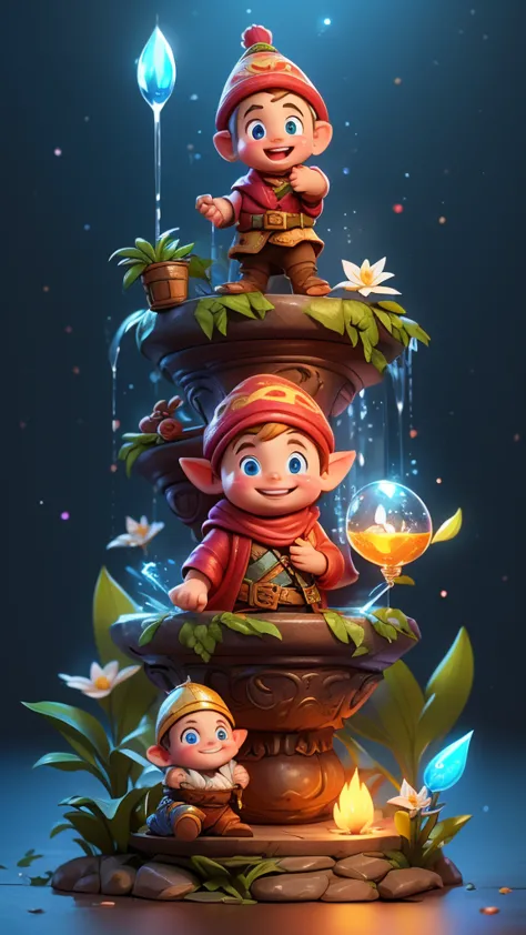  3d animation,motion, personality: Johnny, a mischievous gnome with a twinkle in his eye, pouring a small vial of glowing liquid...