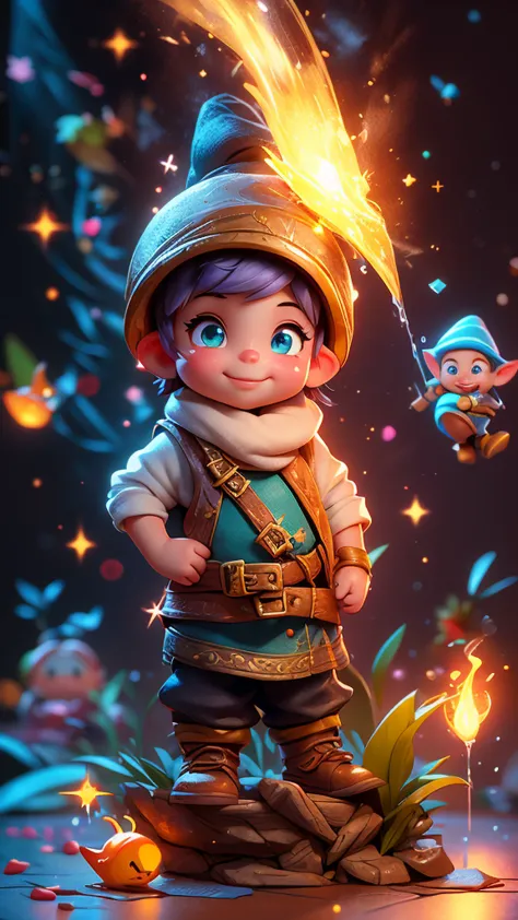 3d animation,motion, personality: johnny, a mischievous gnome with a twinkle in his eye, pouring a small vial of glowing liquid ...