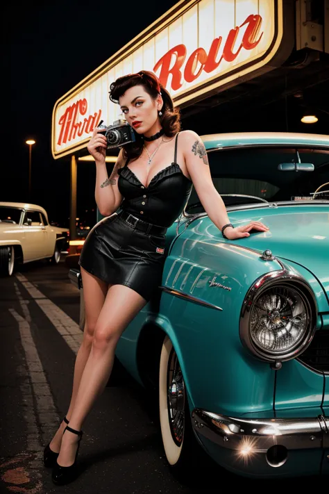 a hyper-realistic photograph of a beautiful rockabilly pin-up model leaning against a hot rod car in the parking lot of a 50s-st...