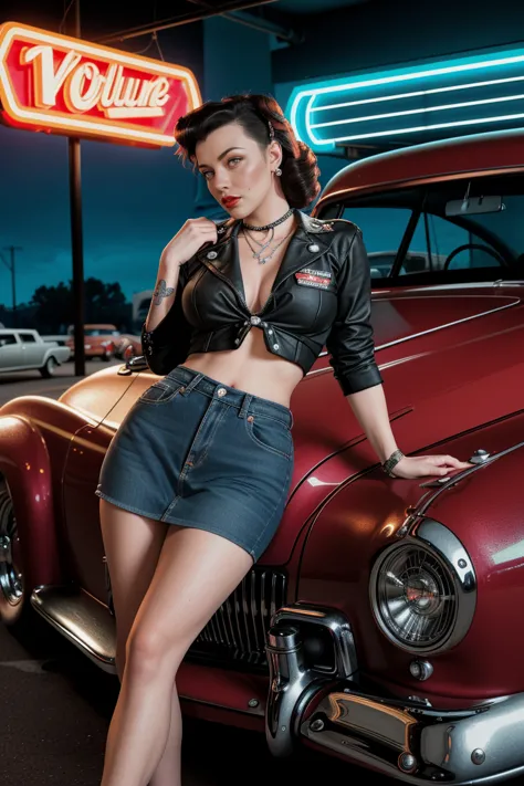 a hyper-realistic photograph of a beautiful rockabilly pin-up model leaning against a hot rod car in the parking lot of a 50s-st...