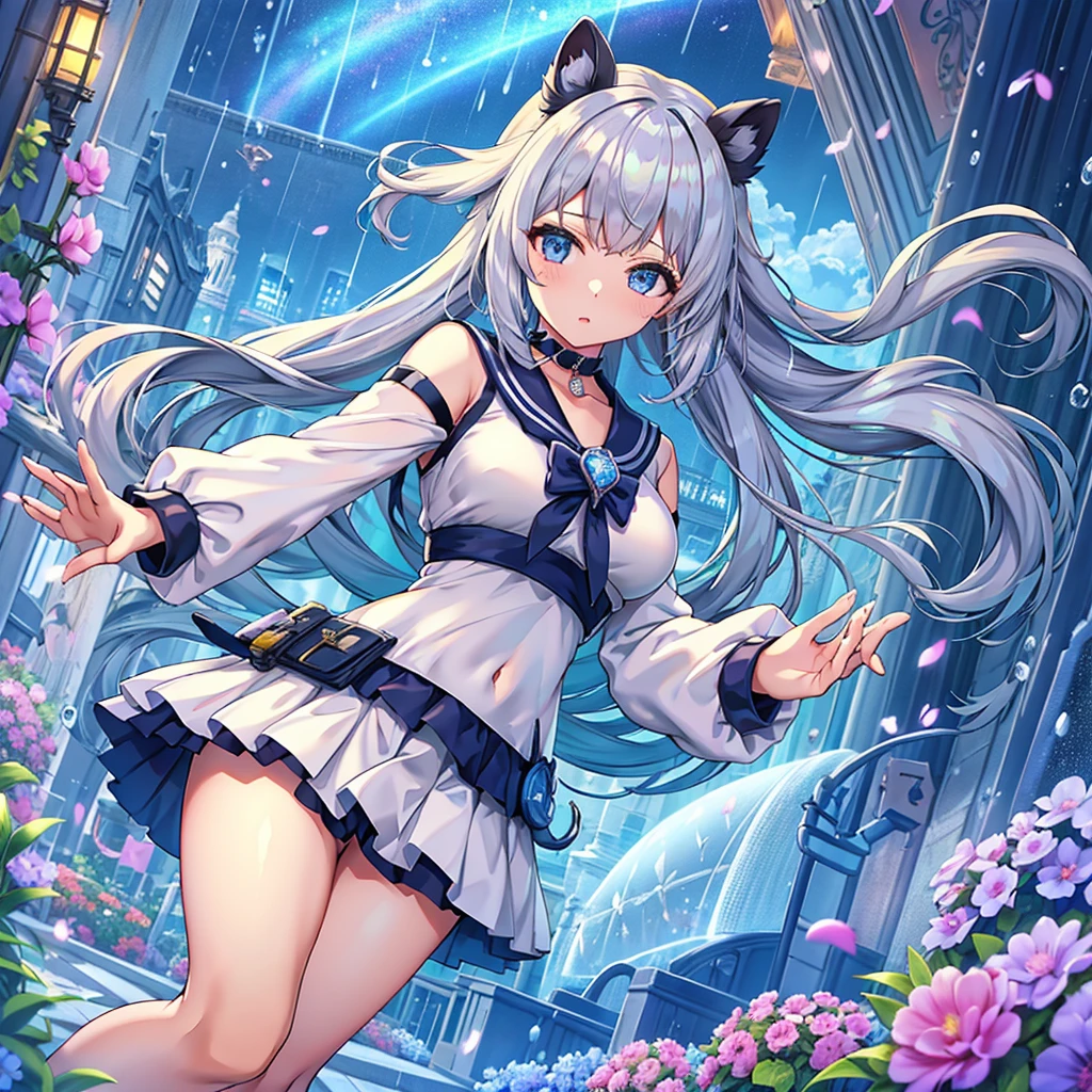 Masterpiece、Highest quality、Super detailed、Fluffy and soft long hair、Gray Hair、Diamond Eyes、Big Tits、Too big breasts、Starry Sky、Sailor suit、bustling street、mini skirt、rain、Wet、choker、painful