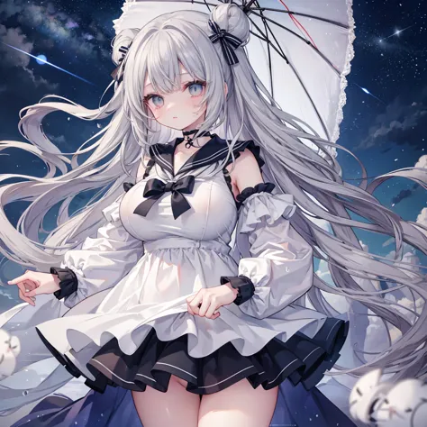 Masterpiece、Highest quality、Super detailed、Fluffy and soft long hair、Gray Hair、Diamond Eyes、Big Tits、Too big breasts、Starry Sky、...