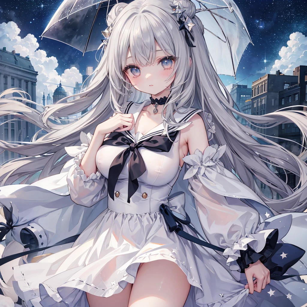 Masterpiece、Highest quality、Super detailed、Fluffy and soft long hair、Gray Hair、Diamond Eyes、Big Tits、Too big breasts、Starry Sky、Sailor suit、bustling street、mini skirt、rain、Wet、choker、painful