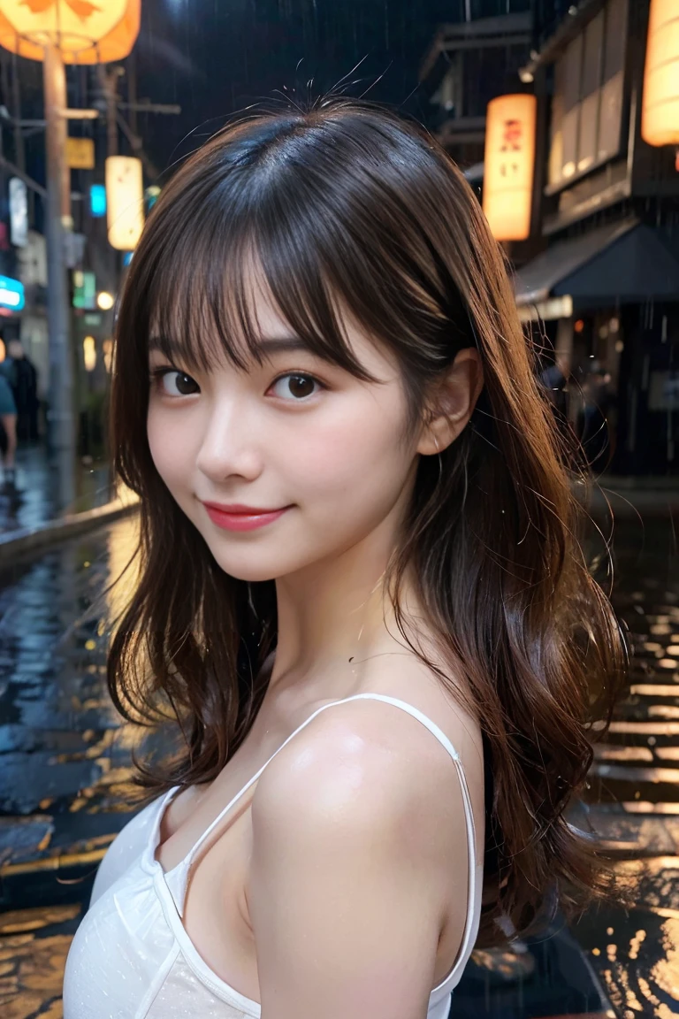 20-year-old girl,Japanese,Huge breasts, 1 girl per photo, Full Body Shot, View from the front, Japanese, cute girl, Very cute face, The best smile,Glossy Lips, Sweaty body, Double eyelids on both eyes, Natural Makeup, Shiny and smooth light brown long hair, Asymmetrical bangs, Sunburned skin, Center image, 8K resolution, High detail, Detailed hairstyle, Detailed face, Great cinema lighting, Octane Rendering, Vibrant, Surreal, Perfect limbs, Perfect Anatomy、heavy rain、Raining