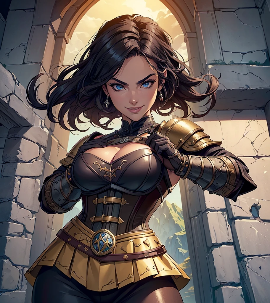 (((Solo character image.))) (((Generate a single character image.))) Dark fantasy art, (((Dark, night time background.))) (((Strong elements of dark medieval fantasy.))) Art style by J Scott Campbell.  (((Charcter looks like Melissa Dettwiller.))) Looks like an exciting, thrilling, female adventurer for Dungeons & Dragons.  Looks like a thrilling female swashbuckler in a fantasy setting.  Single female character portrait, fantasy artwork, fantasy attire, fantasy clothes, (((leather armor))), (((tight corset))), shadowy, athletic body, gymnast body, (((smug smile))), (((action pose))), (((medieval clothing))), arched eyebrows, sassy, (((gorgeous face))), sneaky, sly, attractive, sexy, youthful, (((lusty smile))), (((very sexy and alluring hair))), firm breasts, arrogant, beautiful body, hyper detailed, trending on artstation, (((Dungeons & Dragons))) pathfinder, skyrim, lord of the rings, game of thrones, character portrait, intricate details, ultra detailed, ultra detailed clothes, epic masterpiece, intricate details, trending on Artstation, digital art, unreal engine, 8k, ultra HD, centered image gorgeous face, fantasy artwork, fantasy attire, fantasy adventurer, masterpiece:1.3,madly detailed photo:1.2, hyper-realistic lifelike texture:1.4, picture-perfect:1.0,8k, HQ,best quality:1.0, (masterpiece,fantasy,art, best quality, unreal engine, 8k, ultra HD, centered image, absurdres, best quality:1.0,hyperealistic:1.0,photorealistic:1.0,madly detailed CG unity 8k wallpaper:1.0,masterpiece:1.3,madly detailed photo:1.2, hyper-realistic lifelike texture:1.4, picture-perfect:1.0,8k, HQ,best quality:1.0,