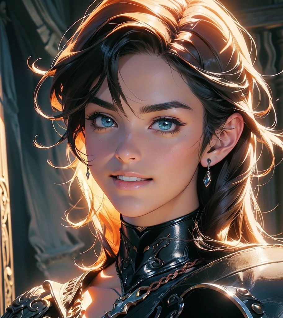 (((Solo character image.))) (((Generate a single character image.))) Dark fantasy art, (((Dark, night time background.))) (((Strong elements of dark medieval fantasy.))) Art style by J Scott Campbell.  (((Charcter looks like Melissa Dettwiller.))) Looks like an exciting, thrilling, female adventurer for Dungeons & Dragons.  Looks like a thrilling female swashbuckler in a fantasy setting.  Single female character portrait, fantasy artwork, fantasy attire, fantasy clothes, (((leather armor))), (((tight corset))), shadowy, athletic body, gymnast body, (((smug smile))), (((action pose))), (((medieval clothing))), arched eyebrows, sassy, (((gorgeous face))), sneaky, sly, attractive, sexy, youthful, (((lusty smile))), (((very sexy and alluring hair))), firm breasts, arrogant, beautiful body, hyper detailed, trending on artstation, (((Dungeons & Dragons))) pathfinder, skyrim, lord of the rings, game of thrones, character portrait, intricate details, ultra detailed, ultra detailed clothes, epic masterpiece, intricate details, trending on Artstation, digital art, unreal engine, 8k, ultra HD, centered image gorgeous face, fantasy artwork, fantasy attire, fantasy adventurer, masterpiece:1.3,madly detailed photo:1.2, hyper-realistic lifelike texture:1.4, picture-perfect:1.0,8k, HQ,best quality:1.0, (masterpiece,fantasy,art, best quality, unreal engine, 8k, ultra HD, centered image, absurdres, best quality:1.0,hyperealistic:1.0,photorealistic:1.0,madly detailed CG unity 8k wallpaper:1.0,masterpiece:1.3,madly detailed photo:1.2, hyper-realistic lifelike texture:1.4, picture-perfect:1.0,8k, HQ,best quality:1.0,