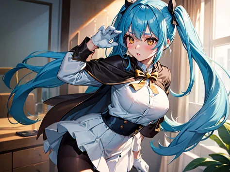 1girl, solo, long hair, breasts, looking at viewer, blush, bangs, skirt, shirt, gloves, long sleeves, twintails, blue hair, stan...