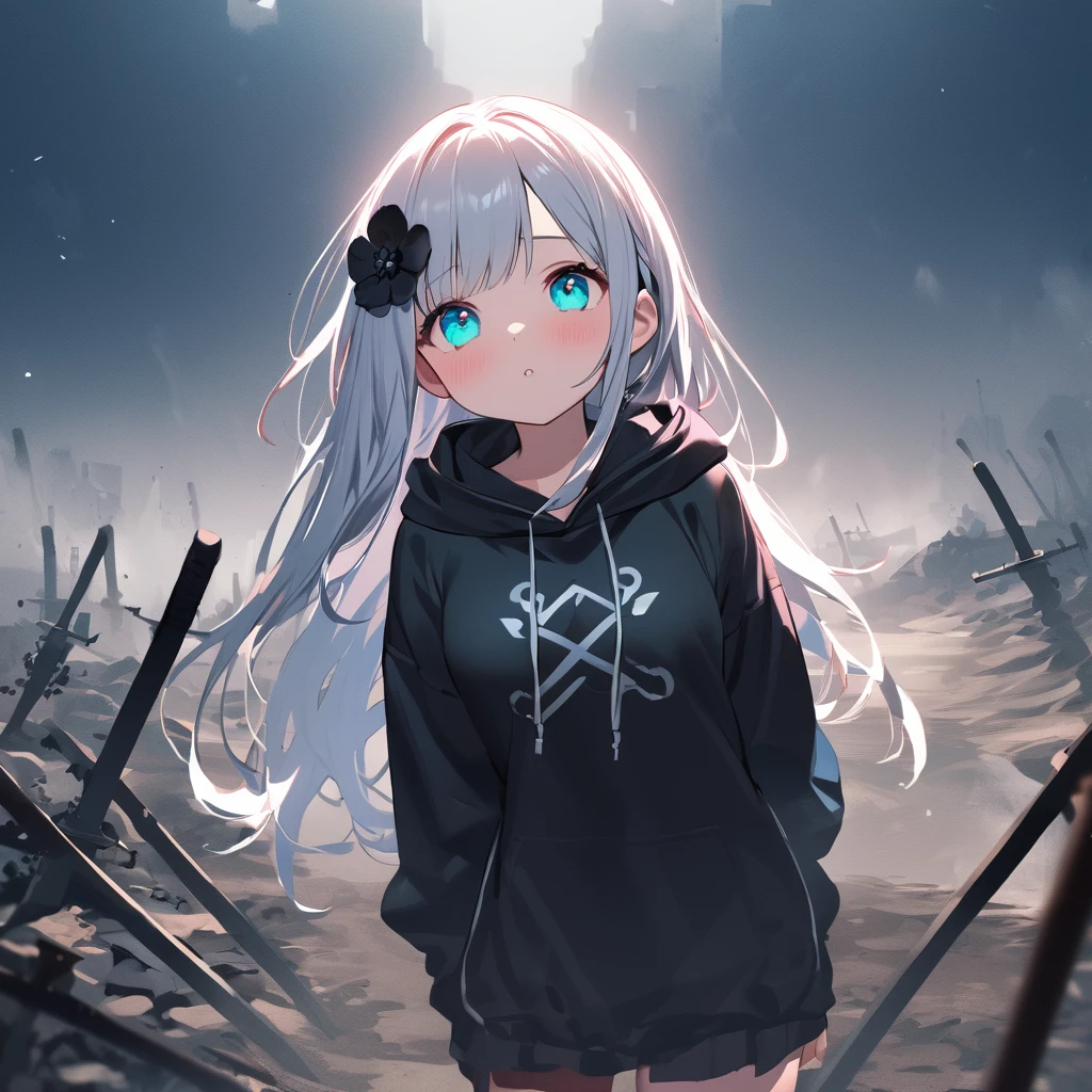 Masterpiece, saturate, full HD, best quality, 1girl, ( young girl, cute girl), slim body.medium breast, white  light hair.detailed beautiful eyes. Glowing eye. Bright aqua eyes, long hair, bangs, black flower hair ornament, black hoodie oversized, holding sword. Black flower hair ornament. girl's head facing upwards, shadows surrounding girl, foggy theme, rocky plain background and many swords sticking into the ground, foggy
 