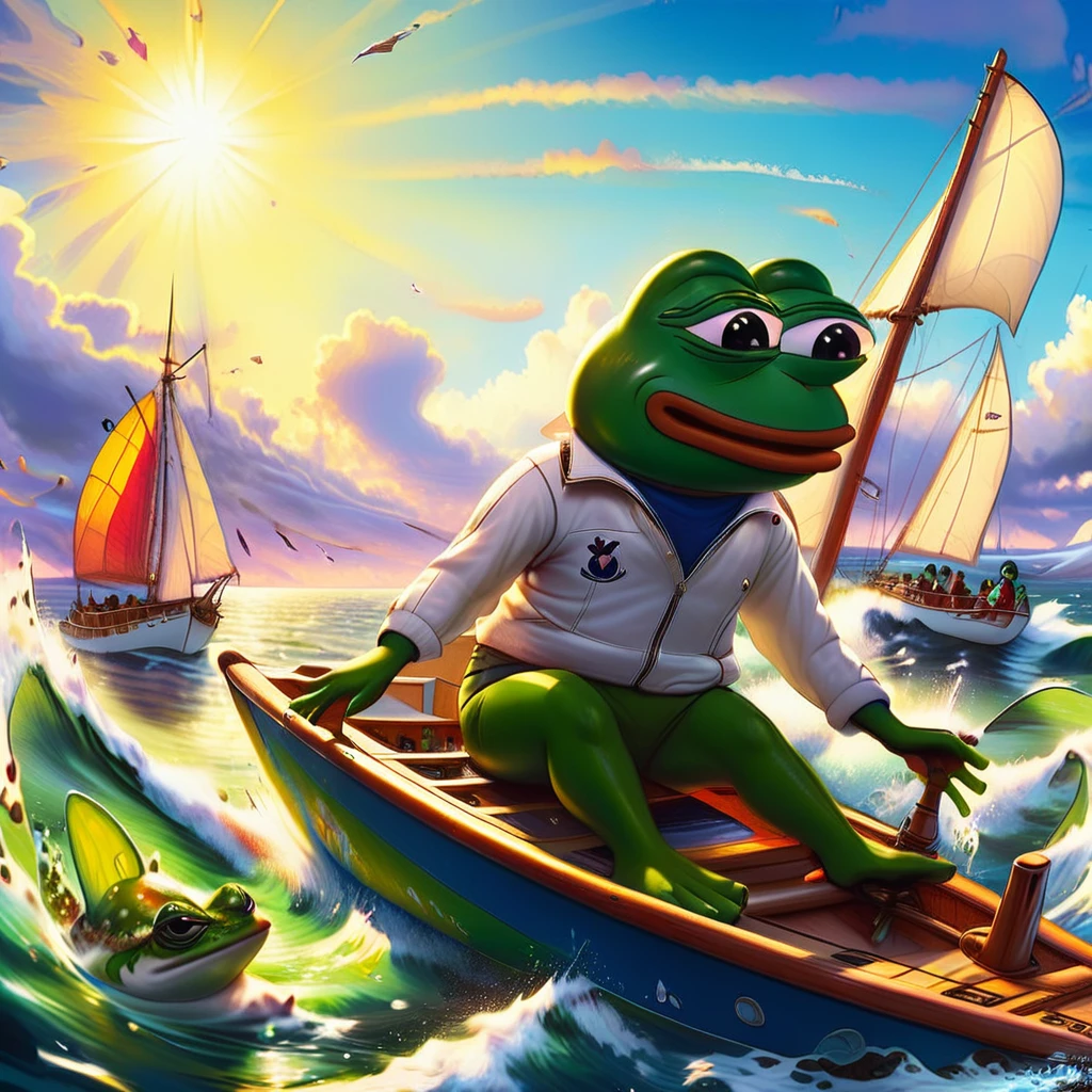 pepe the frog, race sailing, anthropomorphic frog character, frog sailing boat, dynamic sailing pose, splash water effects, sunny seascape environment, colorful sailboat, vibrant colors, whimsical digital art, highly detailed, masterpiece, cinematic lighting, photorealistic, award winning illustration