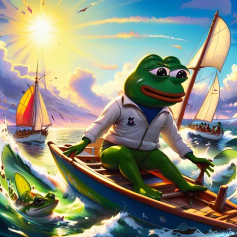 pepe the frog, race sailing, anthropomorphic frog character, frog sailing boat, dynamic sailing pose, splash water effects, sunn...